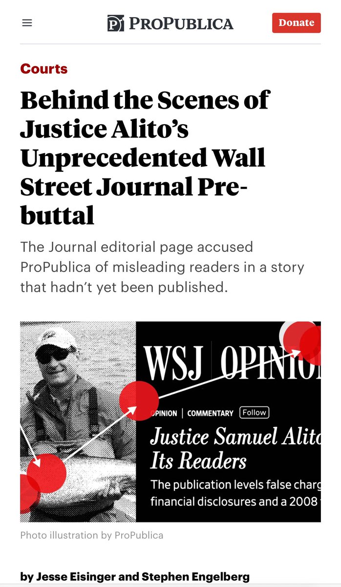 more from @propublica on the behind the scene interactions with SCOTUS in the lead up to Alito’s WSJ oped and the Pro Publica story that precipitated it. just incredible stuff. propublica.org/article/behind…