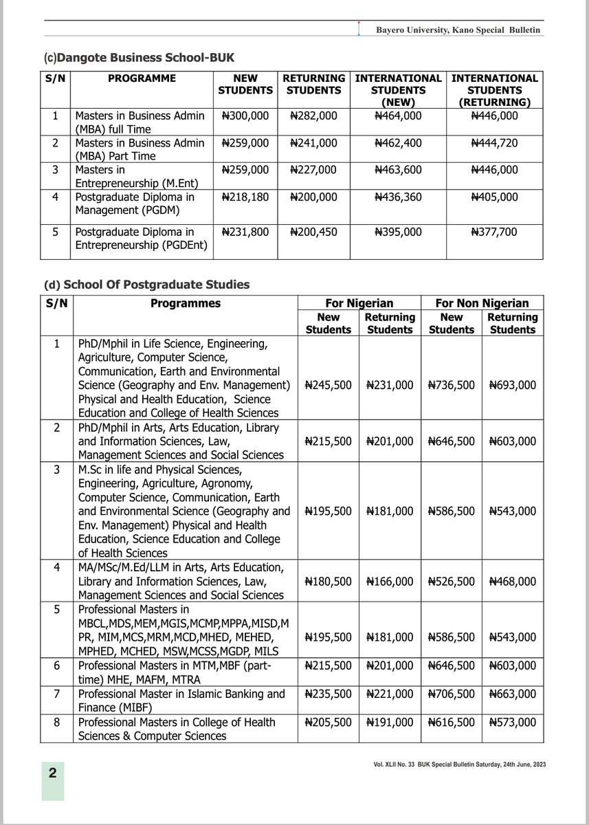muhsin234's tweet photo. In the end, Bayero University Kano has officially increased the central registration and other fees. There are many things to say about this startling development. I let those affected (students and their sponsors) process it for now. May Allah provide for all of us, amin.

Attached is a copy of the University Special Bulletin of yesterday (24.06.2023).

Muhsin