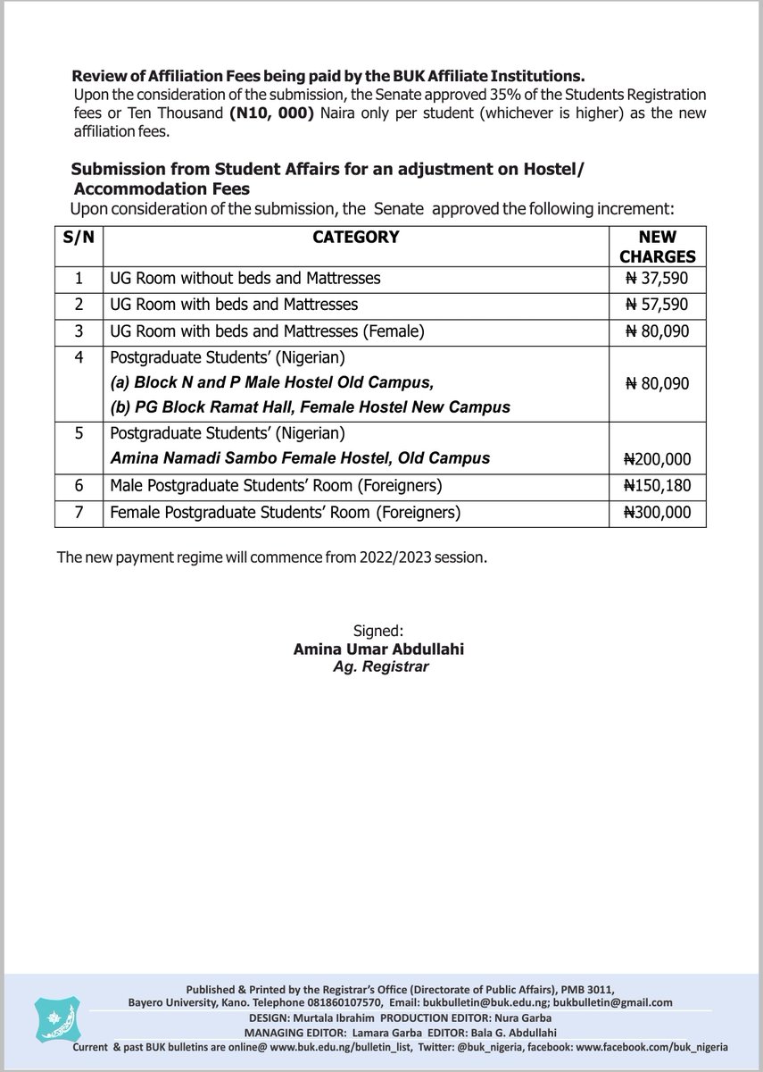 muhsin234's tweet photo. In the end, Bayero University Kano has officially increased the central registration and other fees. There are many things to say about this startling development. I let those affected (students and their sponsors) process it for now. May Allah provide for all of us, amin.

Attached is a copy of the University Special Bulletin of yesterday (24.06.2023).

Muhsin