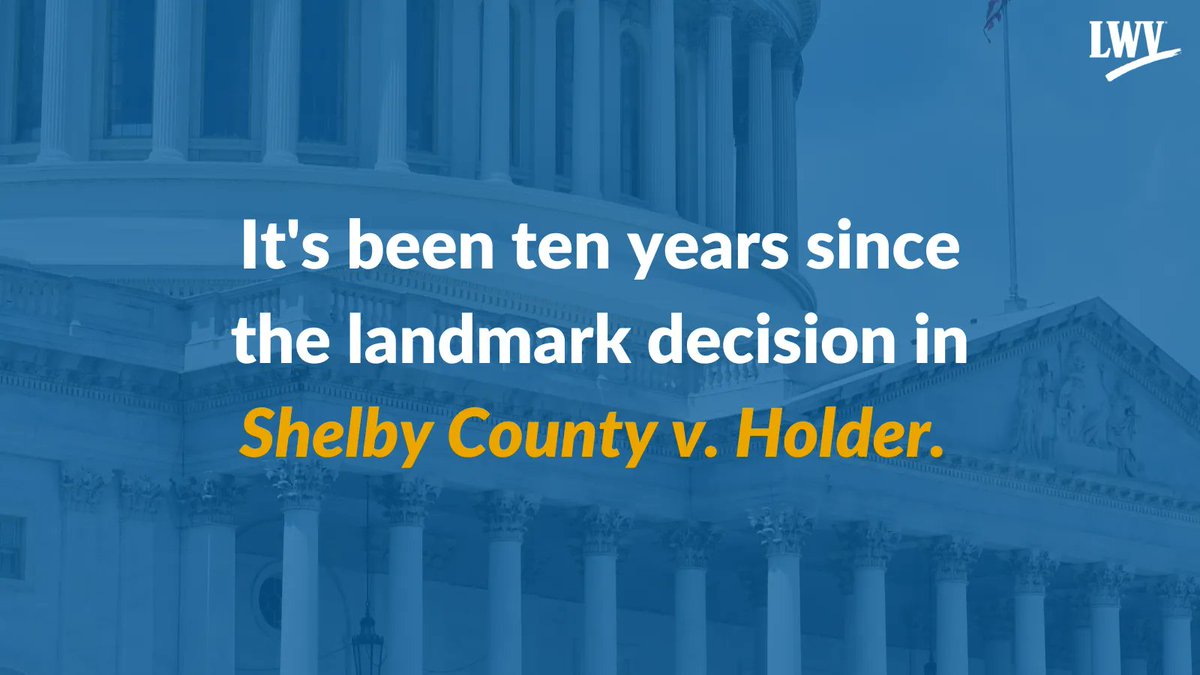 LWV's tweet image. Voters of color across the country continue to face intense efforts to stifle their voices and exclude them from participating in our democracy. 

This is the devastating legacy of Shelby County v. Holder 10 years later.