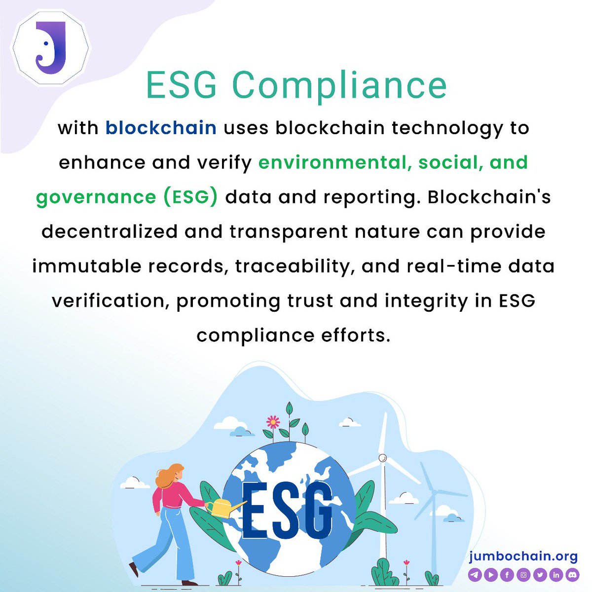 #ESG compliance with #blockchain 
.
.
.
Visit Jumbochain.org 

#jumbochain #technology #BTC #Decentralization #future #NFT #SmartContracts #DeFi #startup #innovation #IoT  #BlockchainRevolution #Web3 #DigitalAssets #SustainableFuture