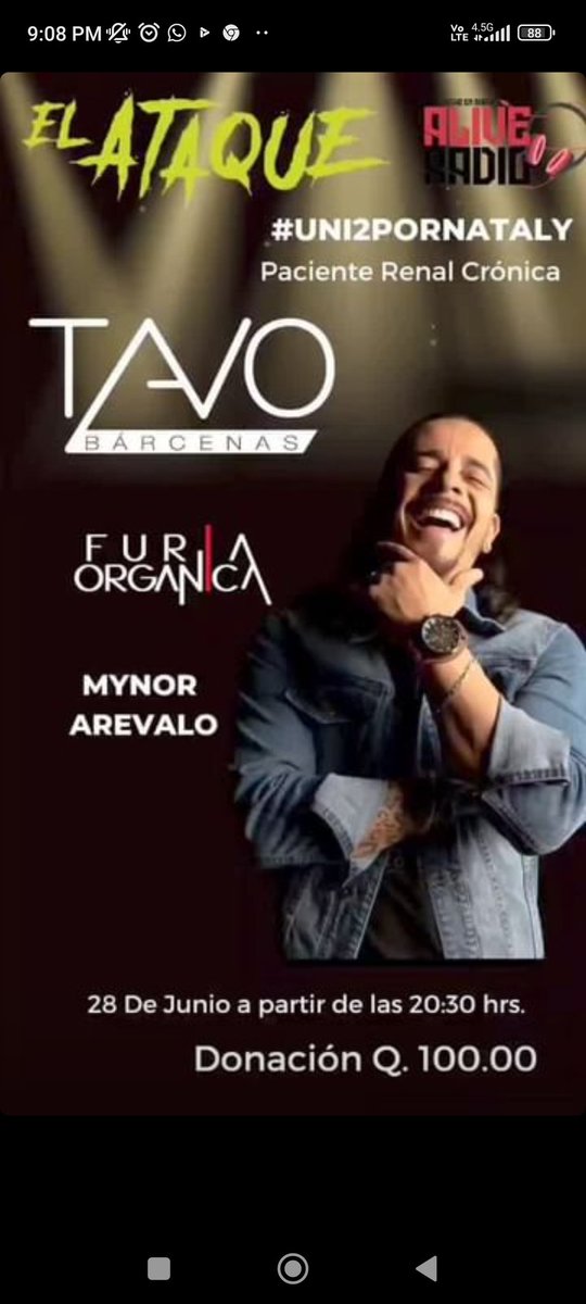 Este miércoles 28 de junio habrá un concierto d Rock a beneficio d mi hermanita, estará Tavo Bárcenas, Furia Orgánica y Mynor Arévalo. Si desean pasarla bien y apoyarla tenemos entradas en preventa a Q80 y Q100 día del evento. Pueden escribirme si desean su entrada
#uni2porNataly