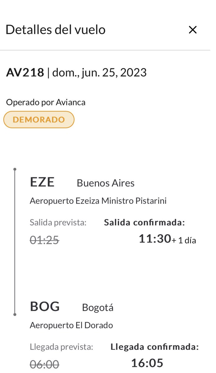 leoumana's tweet photo. @Avianca nueva hora de salida AV218.  Prevista 1:25 - 25 jun. “Confirmada” 11:30 - 26 jun https://t.co/01dVW89JYg