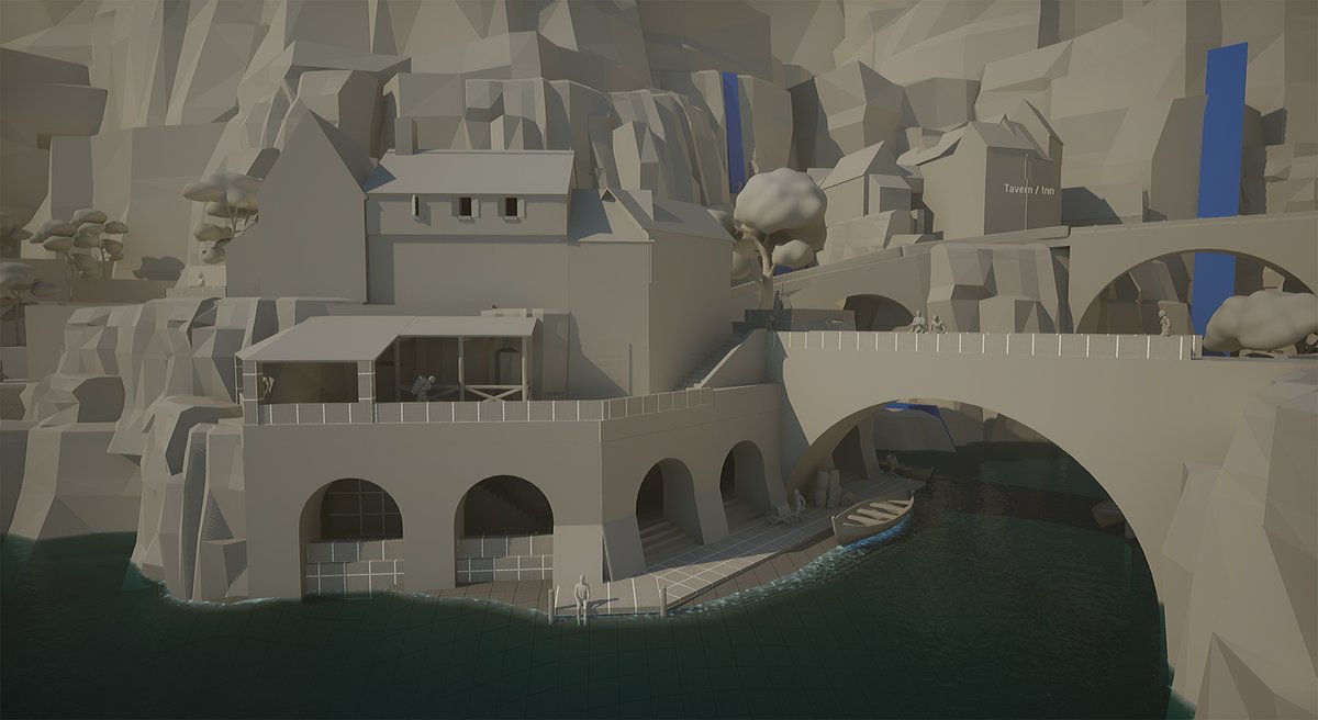 Monowlith's tweet photo. Integrated my friday night sketch into the town. Also reworked the city entrance area and added some more poses for the mannequin. #UnrealEngine5 #gameart #leveldesign https://t.co/9QOZKEujJK