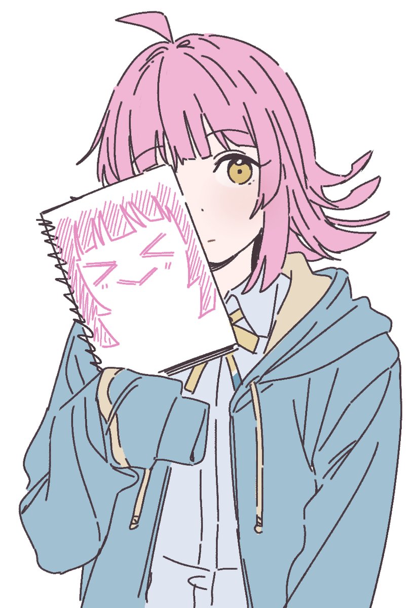 tennouji rina 1girl pink hair ahoge holding hood bangs solo  illustration images