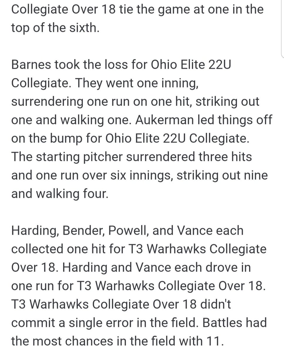 T3 Warhawks 22u defeated Ohio Elite,  2-1 Saturday night @ Thurman Munson Stadium. Nager <a href="/MannyNager/">Manny Nager</a> , <a href="/DU_Baseball/">Denison Baseball</a> was great on the mound. Solid defense, timely hitting &amp; well executed sac by Brophy <a href="/brophyyy2/">Ryan Brophy</a> ,<a href="/Cap_Baseball/">Capital University Baseball</a> helped T3.  Great game by both teams! <a href="/T3_Warhawks/">T3 Warhawks</a>