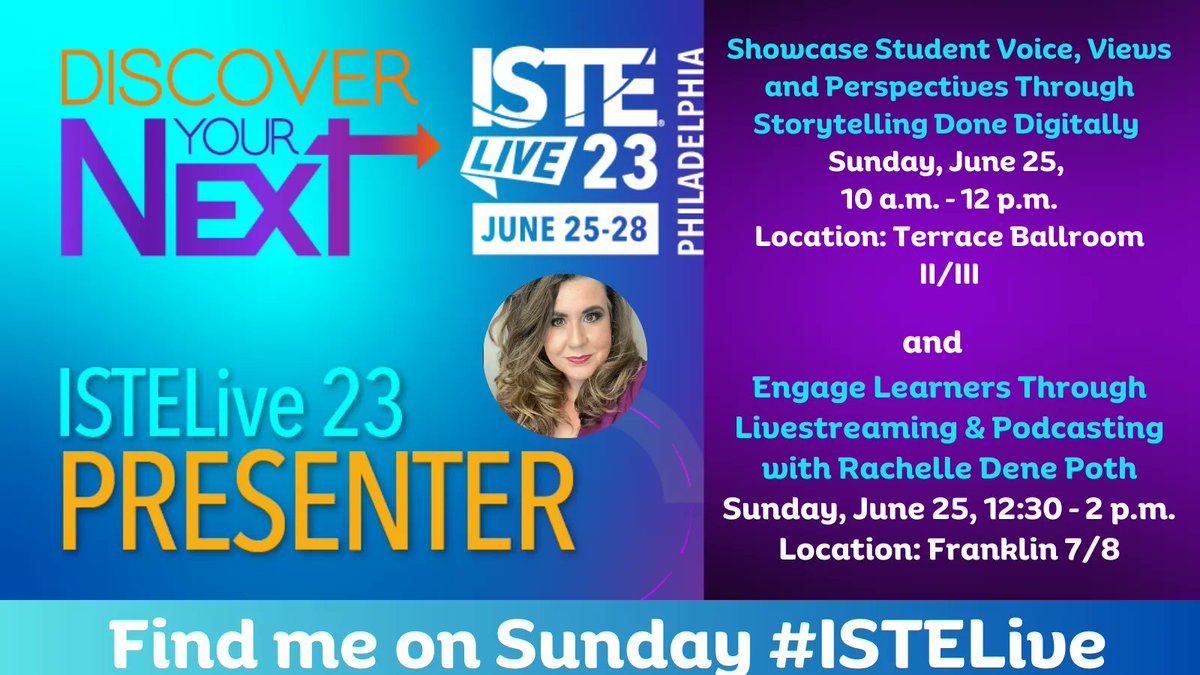 Hey #ISTELive #ISTELive23, if you want to find me, I'll be at the digital story playground from 10am-12 and then joining with @Rdene915 at 12:30 for a session about podcasting with your class! 

Come find us today. It's all about creation. We will be diving into resources!