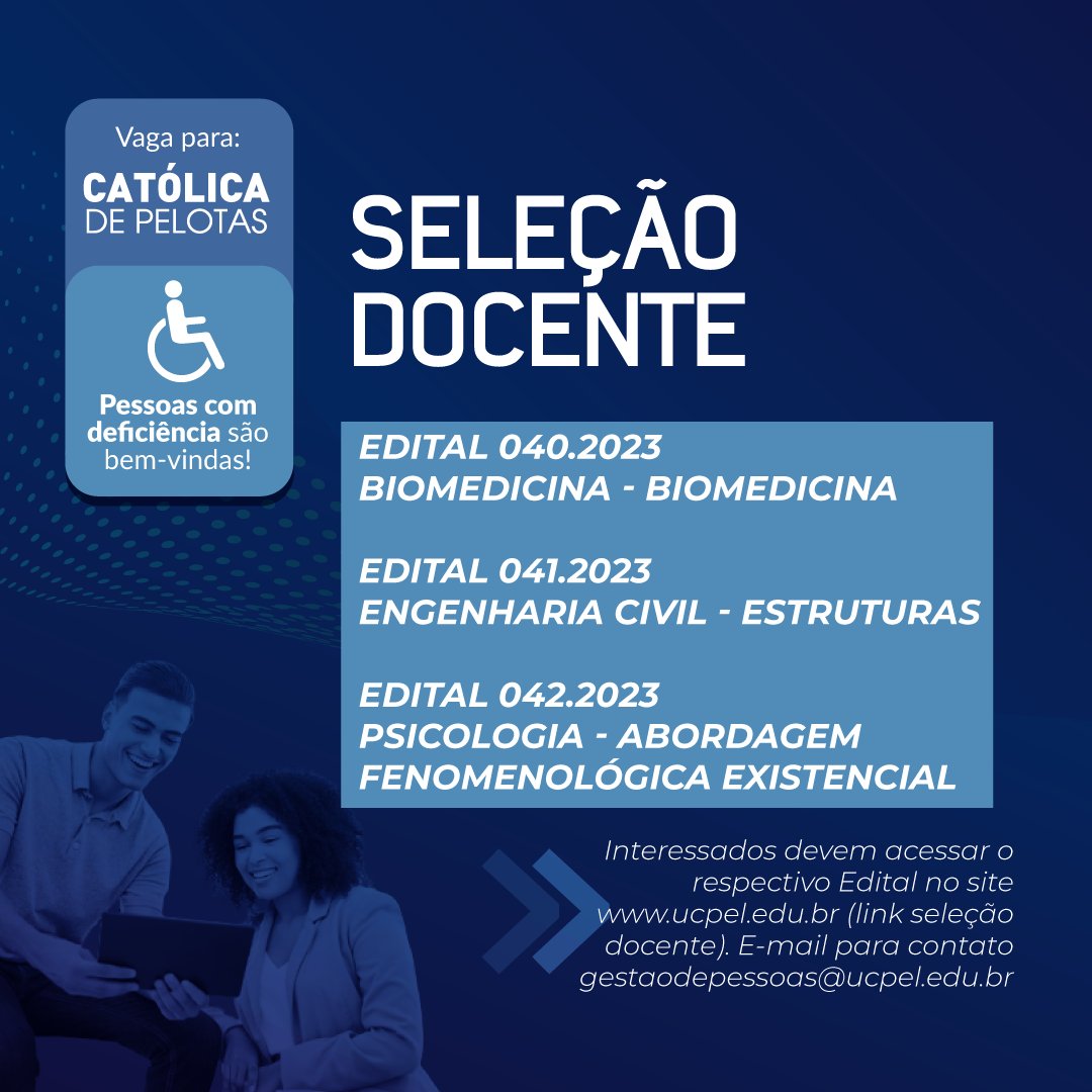 UCPel's tweet photo. Semana começando com oportunidades!🚀
Está aberto edital para seleção docente na área da Biomedicina, Engenharia Civil e Psicologia.👨🏾🏫👩🏫
Em caso de dúvida, você pode entrar em contato pelo e-mail gestaodepessoas@ucpel.edu.br. 😉
#ucpel #vagas #oportunidadespelotas https://t.co/9vbwFHNGjV