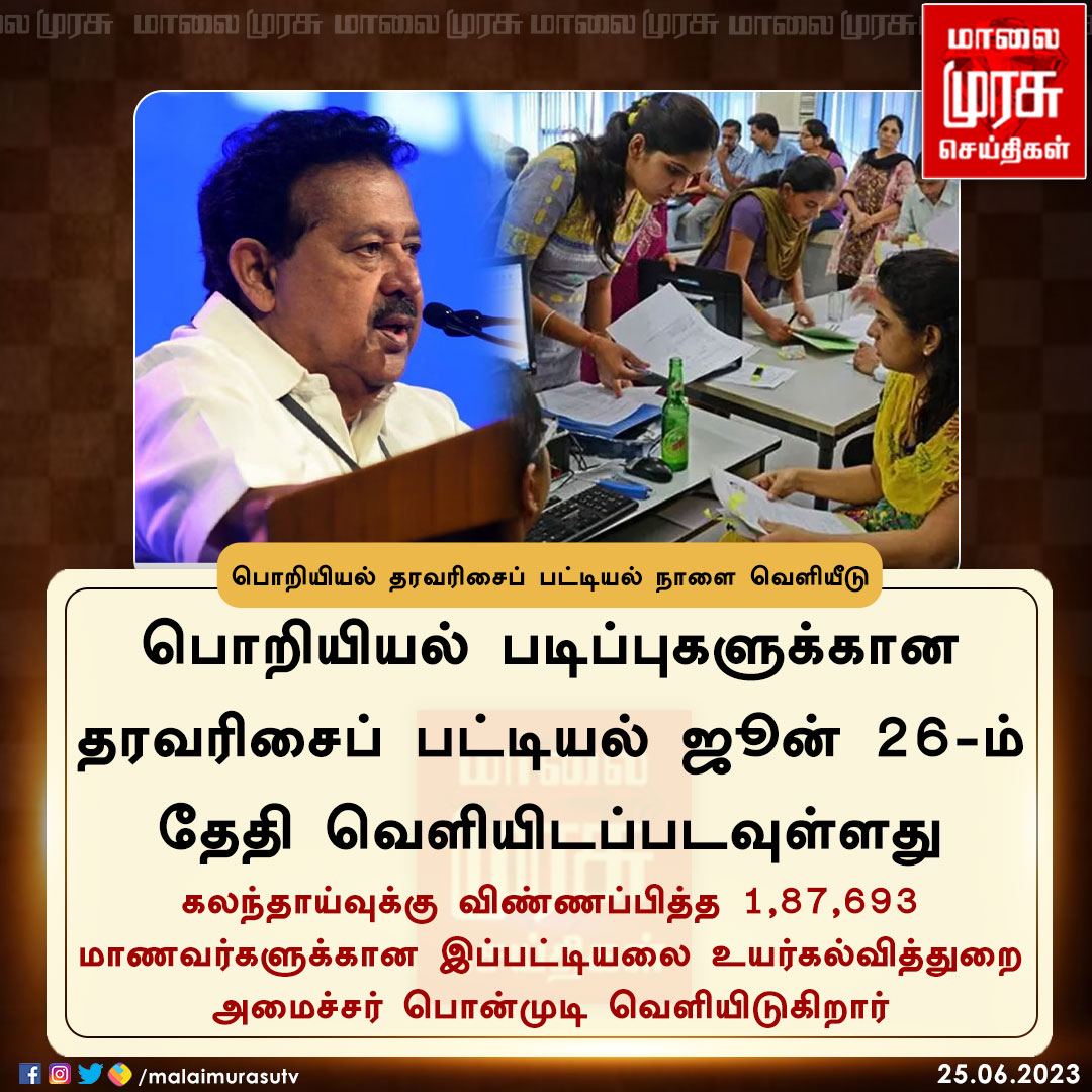 MalaimurasuTv's tweet photo. பொறியியல் தரவரிசைப் பட்டியல் நாளை வெளியீடு தரவரிசை |
@KPonmudiMLA | #Ponmudi | #EngineeringRankList | #Malaimurasu | https://t.co/YxY5dyZiPw