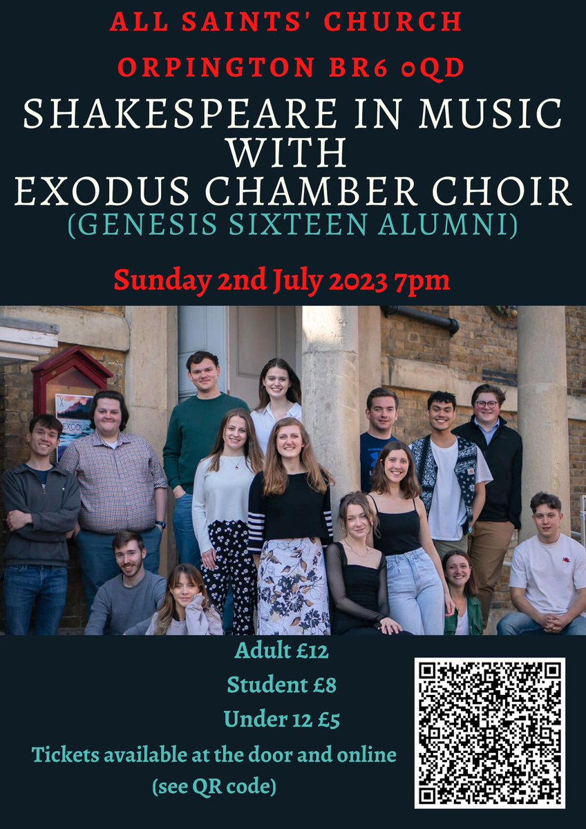 ensembleexodus's tweet photo. Join us ⚠️ NEXT SUNDAY⚠️ at All Saint’s Church, Orpington for our programme of ‘Shakespeare in Music’. We will be performing  the music of #RVW and others!
Sunday 2nd July, 7pm
All Saint’s Church, Orpington BR6 0QD
Tickets available via the QR code on the poster, or on the door. https://t.co/CynKJs1aRv