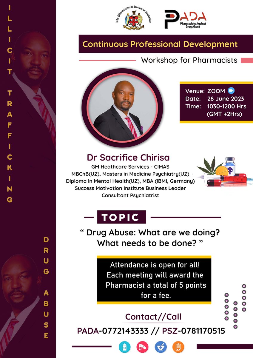 The Pharmaceutical Society of Zimbabwe is inviting you to a scheduled Zoom meeting.

Topic: International Day Against Drug Abuse &amp; Illicit Trafficking
Time: Jun 26, 2023 10:30 Harare, Pretoria

Join Zoom Meeting
us06web.zoom.us/j/85248333879?…

Meeting ID: 852 4833 3879
Passcode: 087724