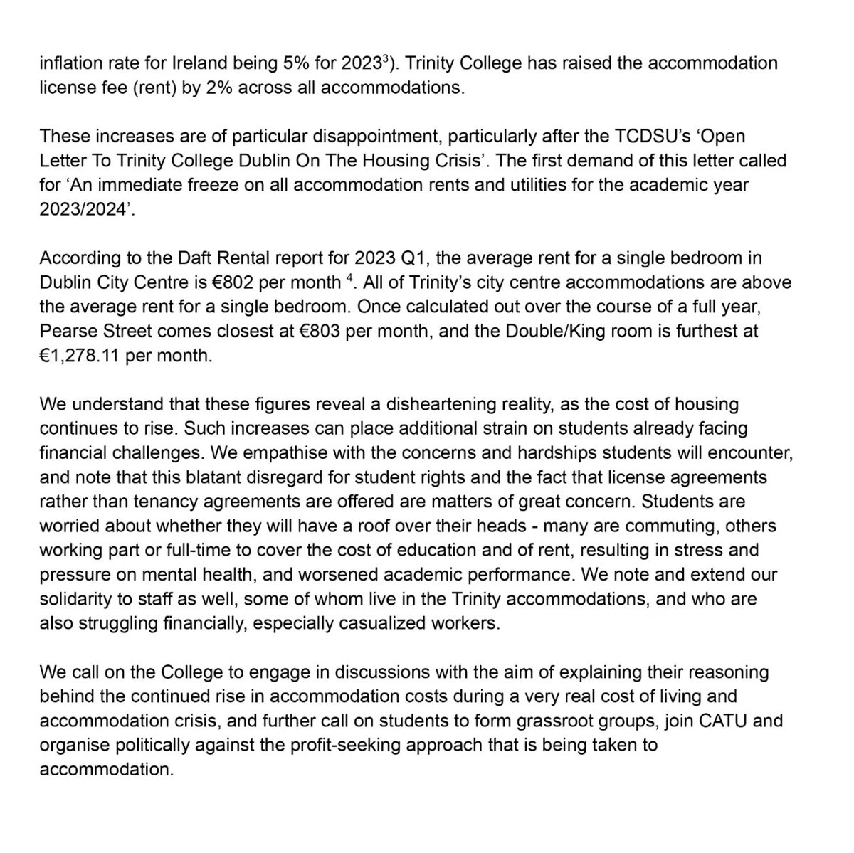 S4C_TCD's tweet photo. Trinity hikes rents by 2% during a cost of living and housing crisis. We call on @tcddublin to explain its decision and we call on students to form grassroot groups, join @CatuIreland and organise politically against the profit-seeking approach being taken to accommodation. https://t.co/gDsPHQmMlE