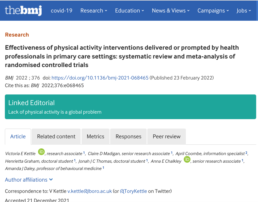 Physical activity interventions delivered or prompted
by health professionals in primary care may increase moderate-to-vigorous physical activity. 

🧵This is how 👇 

#physicalactivity #health #longevity #primarycare 

bmj.com/content/376/bm…