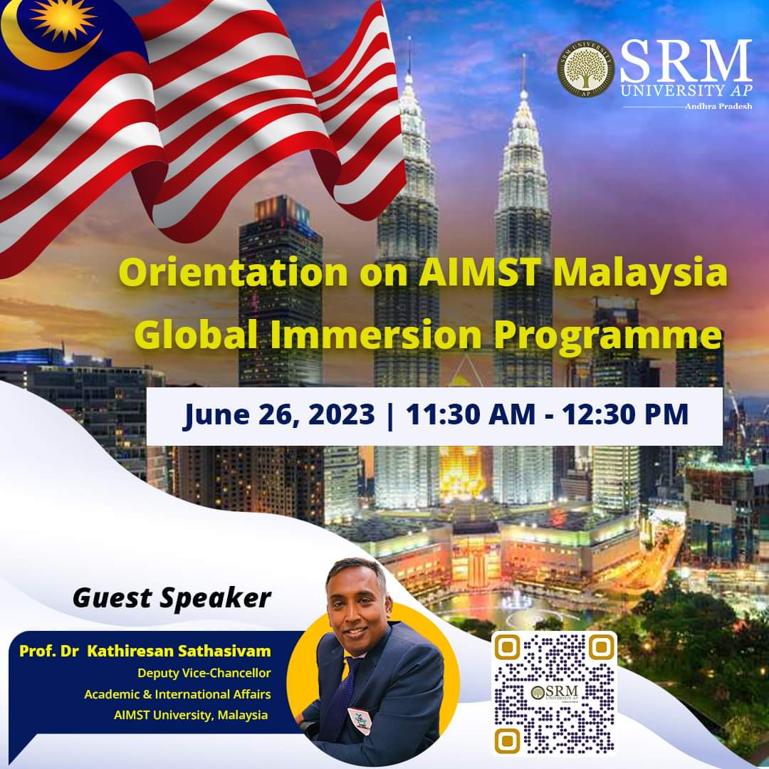The Directorate of International Relations and Higher Studies is organizing an 'Orientation on AIMST Malaysia Global Immersion Programme' on June 26, 2023. The session will be conducted virtually by Prof. Dr. Kathiresam Sathasivam, Deputy Vice-Chancellor.