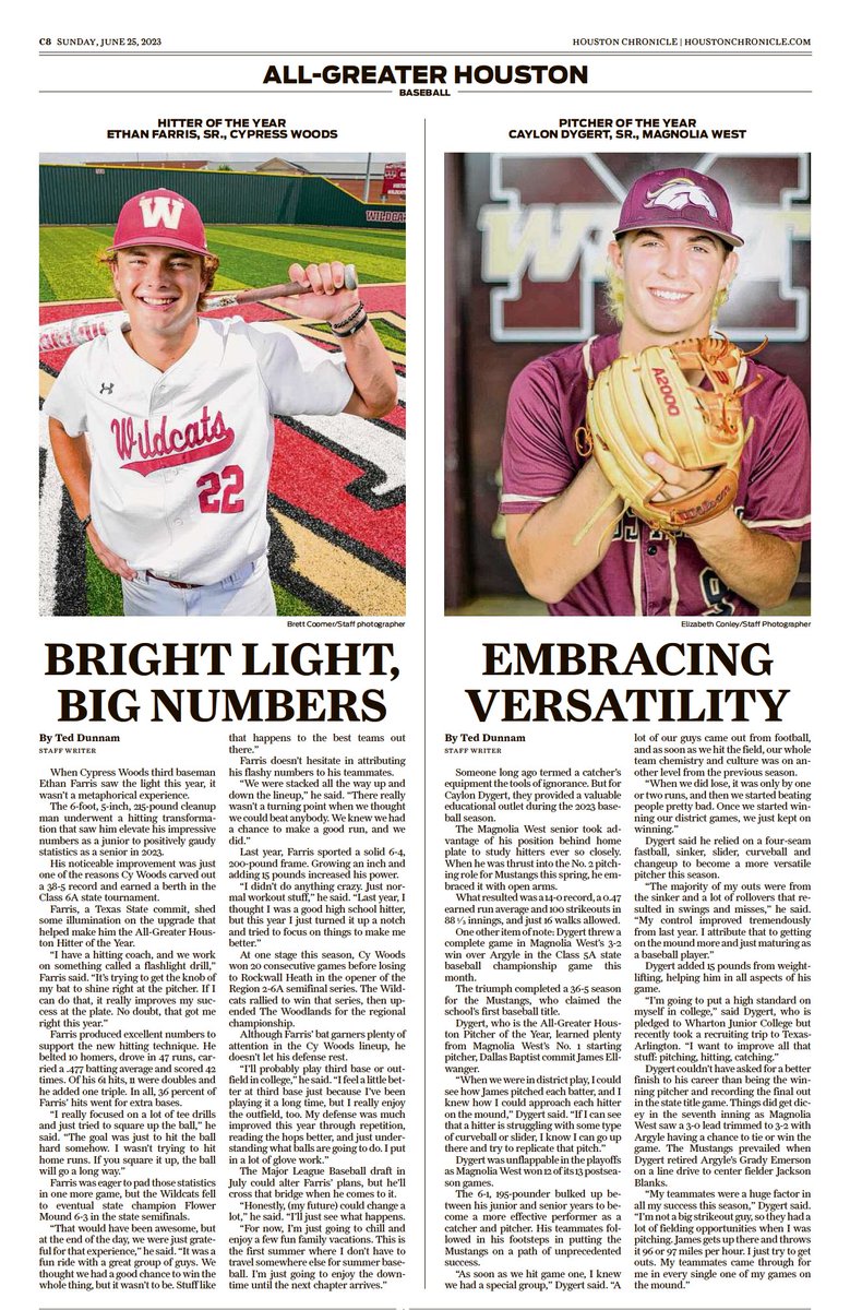 HoustonChronHS's tweet photo. 📰 Sunday’s @ChronSports section features our All-Greater Houston baseball teams, led by @22Ethanfarris and @Caylon_Dygert — See their stories and the rest of the AGH teams here: https://t.co/3yNkEVKpxz

E-edition: https://t.co/wb3o8rdsCN https://t.co/ALzCWf9ieu