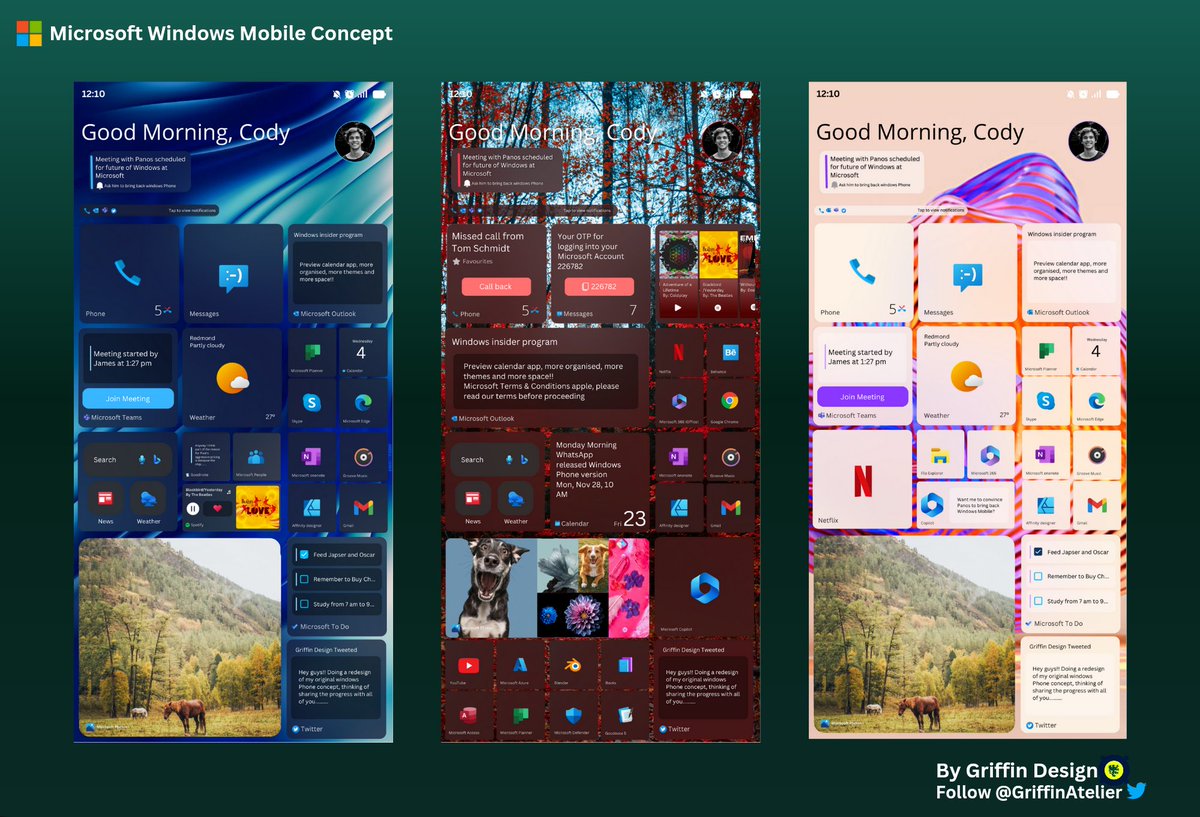 GriffinAtelier's tweet image. Windows Mobile concept you asked? Here it is in all its glory. 😎 Designed on Canva for Android,if you don't like it please provide feedback
to improve it later.
Likes & retweets appreciated @TheRichWoods @FireCubeStudios @zeealeid
#windows #conceptdesign
(1/n) more info 🧵