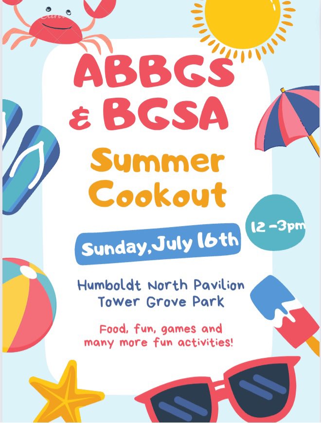 Next month, ABBGS is collaborating with @WashU_BGSA to host a cookout on Sunday July 16th, 12-3pm @ Tower Grove Park. Join us for food, fun, games, and a chance to meet WUSM/Danforth students and postdocs. Bring your friends and family too!