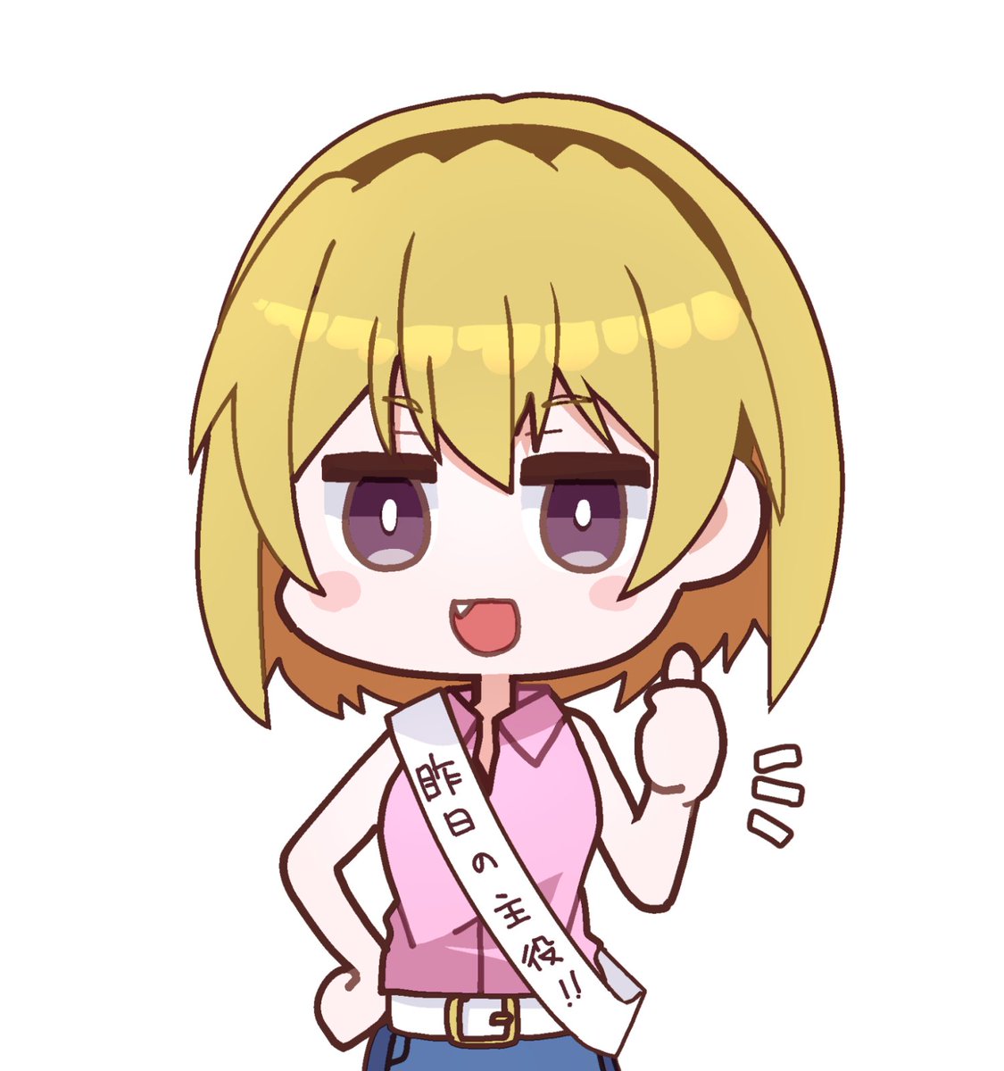 houjou satoko 1girl solo blonde hair thumbs up shirt fang hairband  illustration images