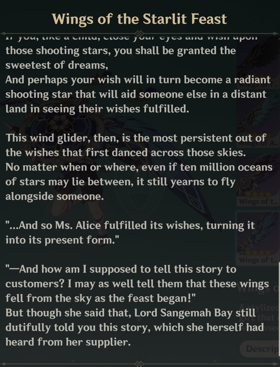 i finally received the wings of the starlit feast glider and immediately opened to read the description👀

THESE WINGS WERE BROUGHT BY ALICE FROM ANOTHER WORLD AND THEY ARE A MANIFESTATION OF WISHES UPON SHOOTING STARS?