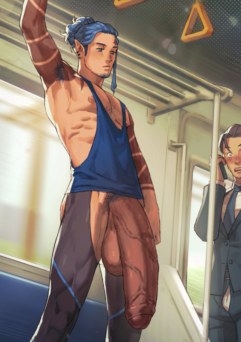 Crow_StudAce's tweet photo. Asahi is wearing crotchless tights.  and on the train to the gym. He is on the train and. People can see his junk. Does he care?  no. Look away if you don't like it.. https://t.co/VCabDJmqDJ