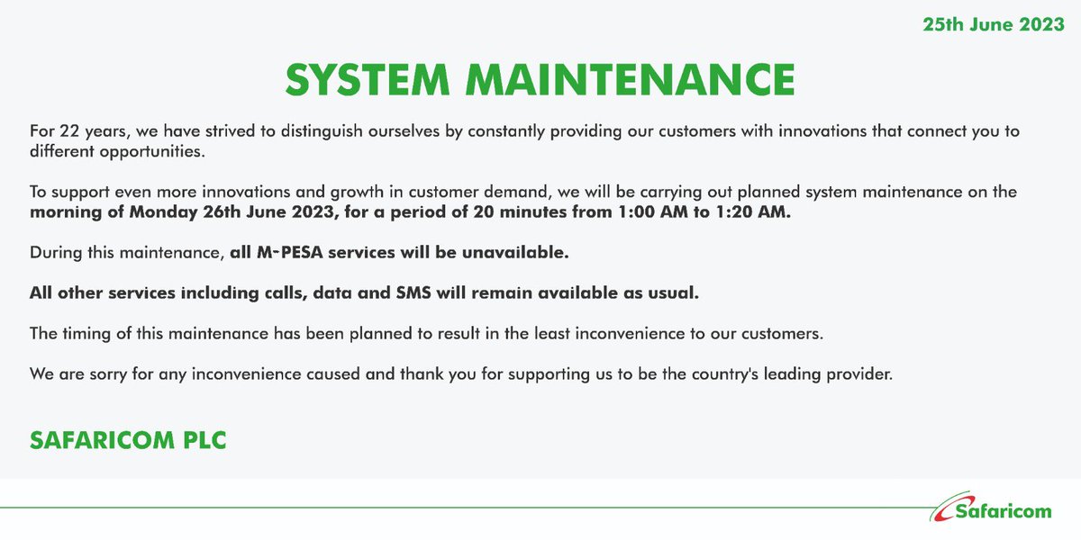 SafaricomPLC's tweet photo. Customer Notice on System Maintenance. https://t.co/3Uxr0DBkcu