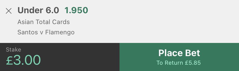 🇧🇷 Santos 🆚 Flamengo 

🗓️ Sunday 22:30

📚 Bet365

👉 Under 6.0 Asian Total Cards 

💰 3 units