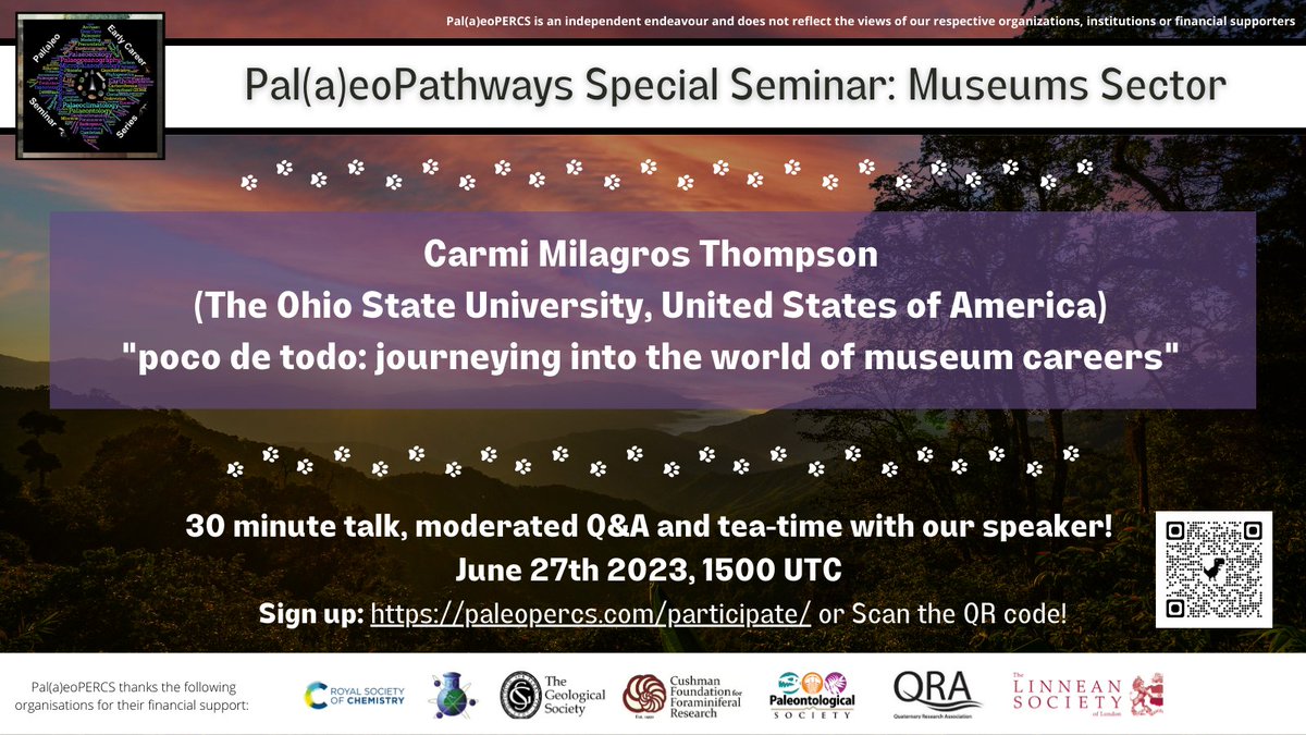 PalaeoPERCS's tweet photo. On Tuesday June 27th our series of #PalaeoPathways seminars will start, beginning with insights into the museums sector with @bibibivalve (The Ohio State University, USA)!
Carmi will present a talk entitled "poco de todo: journeying into the world of museum careers"
(1/x) https://t.co/N7n69FpEeC