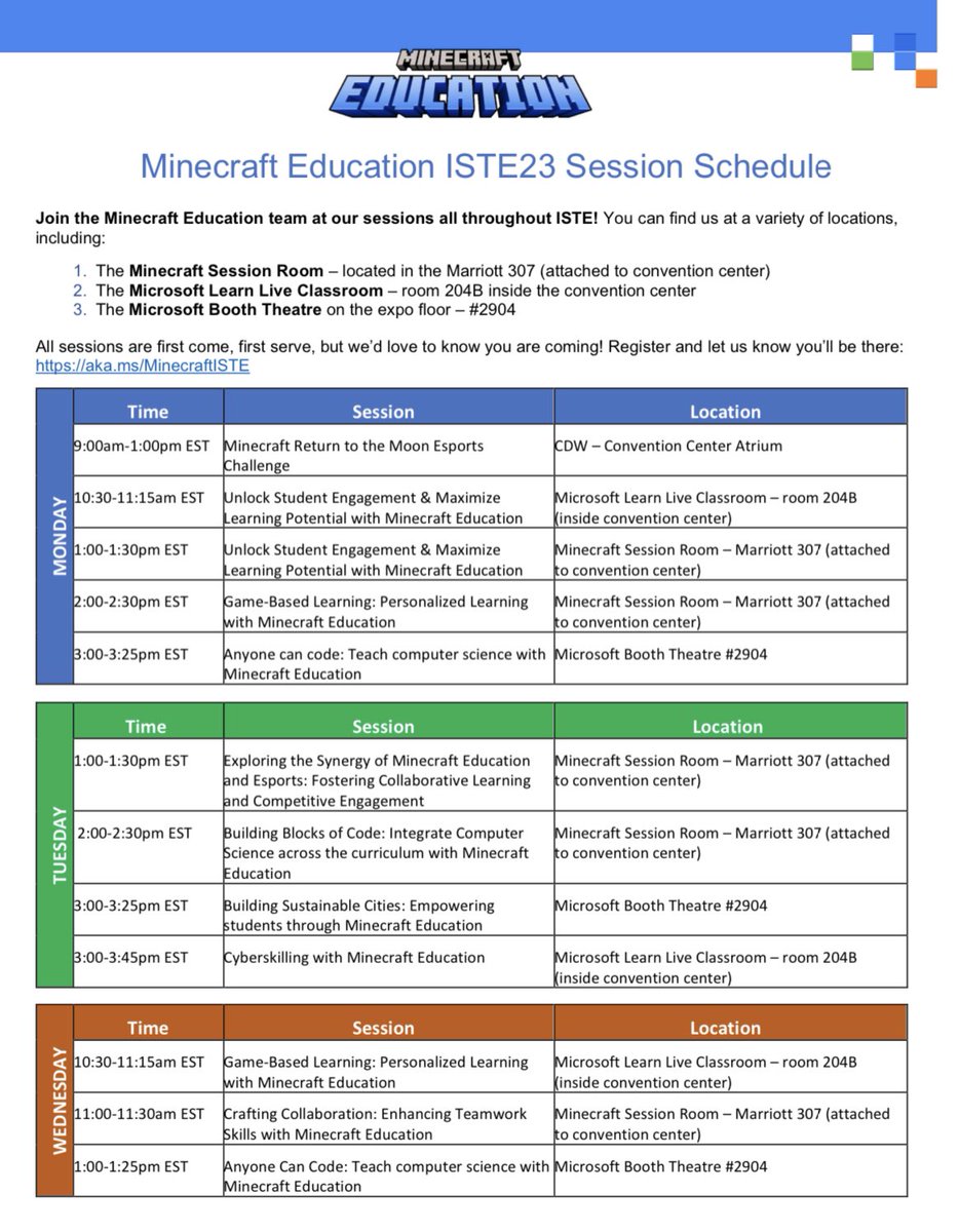 If you’re an educator who is interested in integrating coding using Minecraft across the curriculum please join <a href="/Nieb77/">Kim Niebauer, M.Ed. ➡️FETC ➡️BETT 🦥</a> and I from 2:00-2:30 PM. Also, please check out this schedule to see the many <a href="/PlayCraftLearn/">Minecraft Education</a> sessions offered at #ISTELIVE23 

aka.ms/MCEDUatISTE