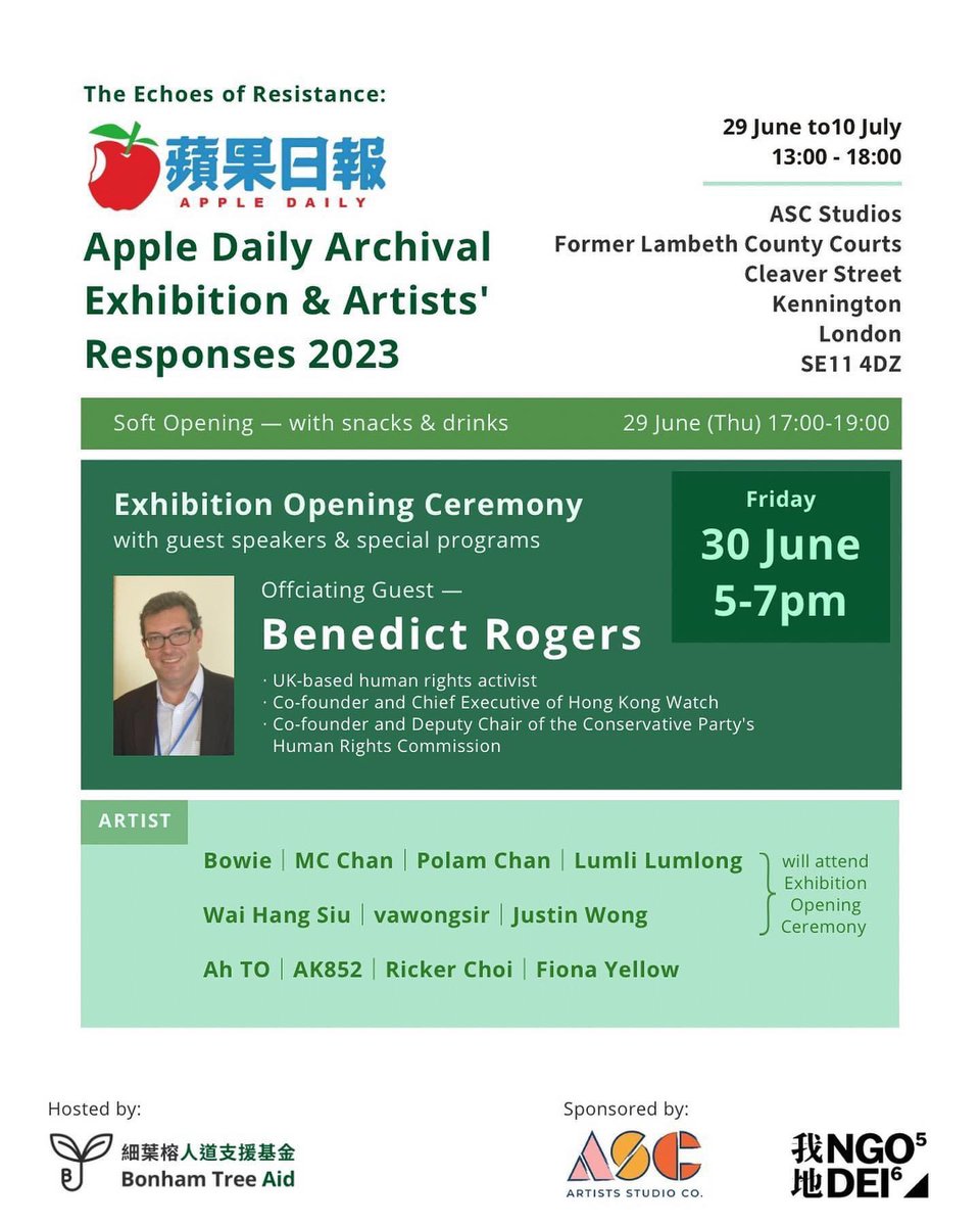NgoDeiOrg's tweet photo. Apple Daily Archival Exhibition & Artists’Responses 2023
#TheEchoesOfResistance
Opening: 30June Friday 5-7pm
Officiating guest:@benedictrogers
#細葉榕人道支援基金
#BonhamtreeAid
@NgoDeiOrg
#蘋果日報 #AppleDaily #Art #Exhibition #毋忘蘋果日報 #真相無罪 #釋放黎智英 #撑蘋果 https://t.co/4A9MdJKmz2