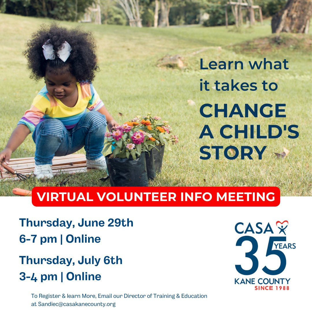 JOIN 1 of our next VIRTUAL General Information Meetings:
🌟Thursday, June 29 @ 6-7pm
🌟Thursday, July 6 @ 3-4pm 
Learn how you can help a child in foster care thrive & succeed. #ChangeAChildsStory
hubs.la/Q01VxDJk0
#volunteers  #childadvocacy #volunteerkanecounty #children
