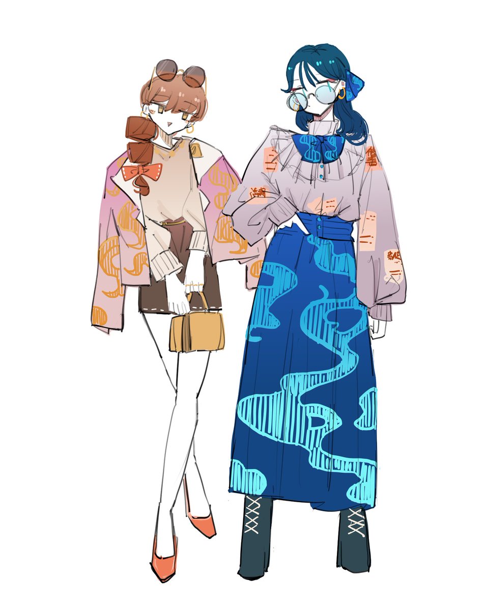 yorigami jo'on multiple girls 2girls skirt sunglasses round eyewear blue hair bow  illustration images
