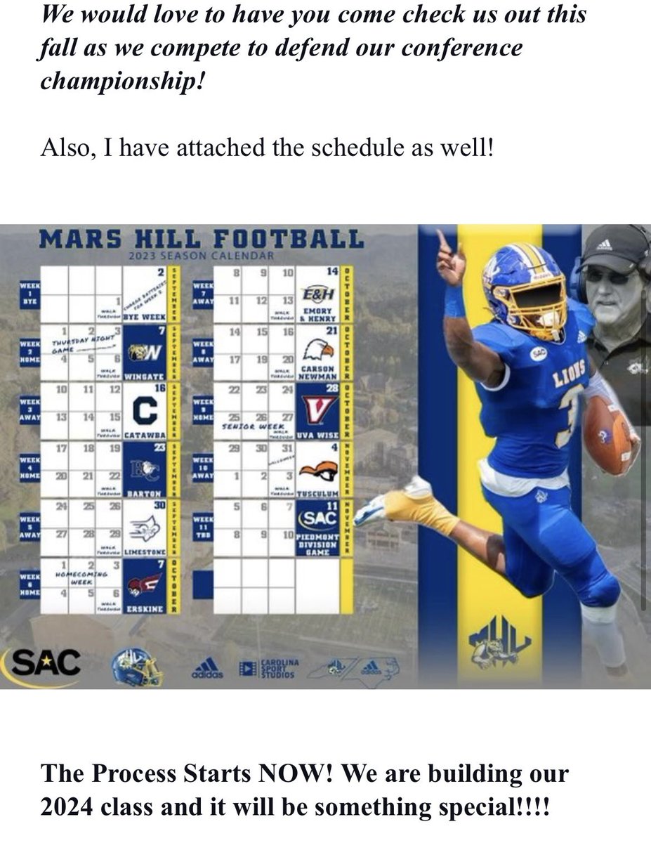 BradenBarham's tweet image. Thank you @coachclayisbell for the invite! Looking forward to the visit, to see Mars Hill football game in action,  and learn more about @MarsHillU  and  @MarsHill_FB Program. #Chasethelion #BagSZN #LionsOnTop