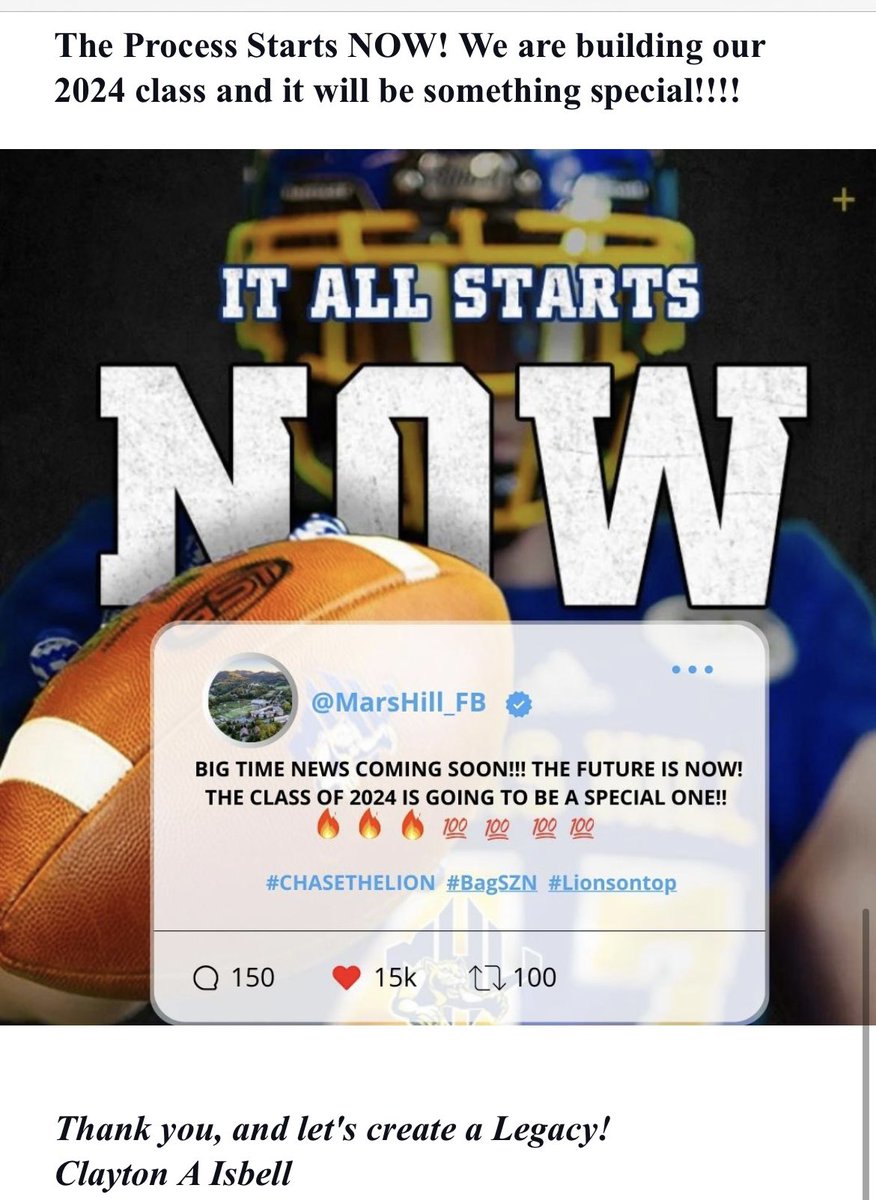 BradenBarham's tweet image. Thank you @coachclayisbell for the invite! Looking forward to the visit, to see Mars Hill football game in action,  and learn more about @MarsHillU  and  @MarsHill_FB Program. #Chasethelion #BagSZN #LionsOnTop