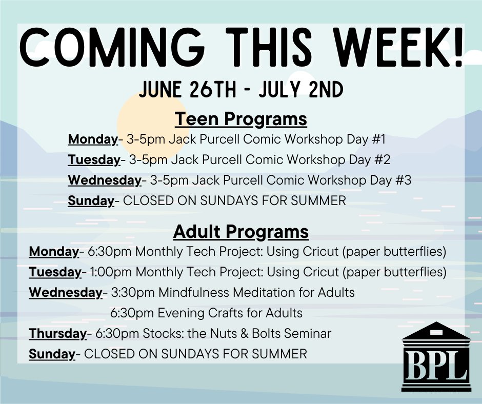 Bethel Public Library has lots of great programs for children, teens, and adults this week, including a bunch of new ones! For more information and to get registered visit bethellibrary.org/events today!