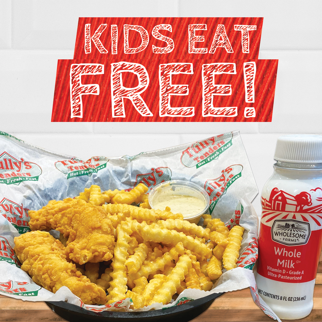 You know the drill! Kids eat FREE every Sunday with the purchase of a regular meal🐔😎
.
.
.
.
#kidseatfree #kidsmenu #oswegony #drivethru #fastfood #chickentenders #tullystenders #eatlocal #everysunday