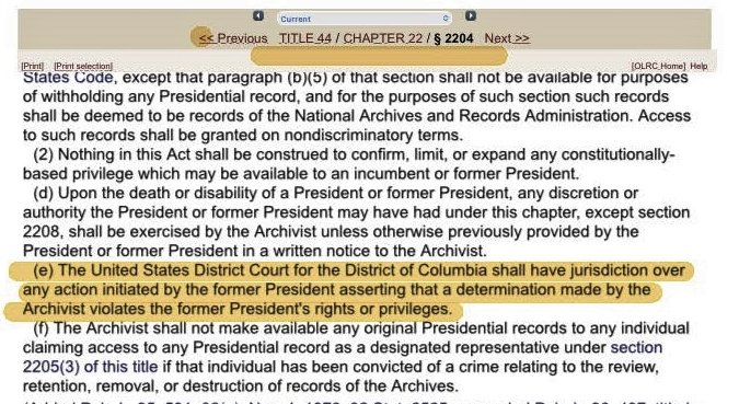 @jarbot15 @ArtysHouse @BluesElmwood @ArkieKWRiverRat @greggutfeld Per 2204(e) Trump's attorney can file a Motion to Challenge Archivists Wall's determination to transfer Trump's 15 boxes of 'presidential records' to Biden. DC court has jurisdiction to entertain such Motion if Trump's privileges/rights were violated. 
I don't see what's…