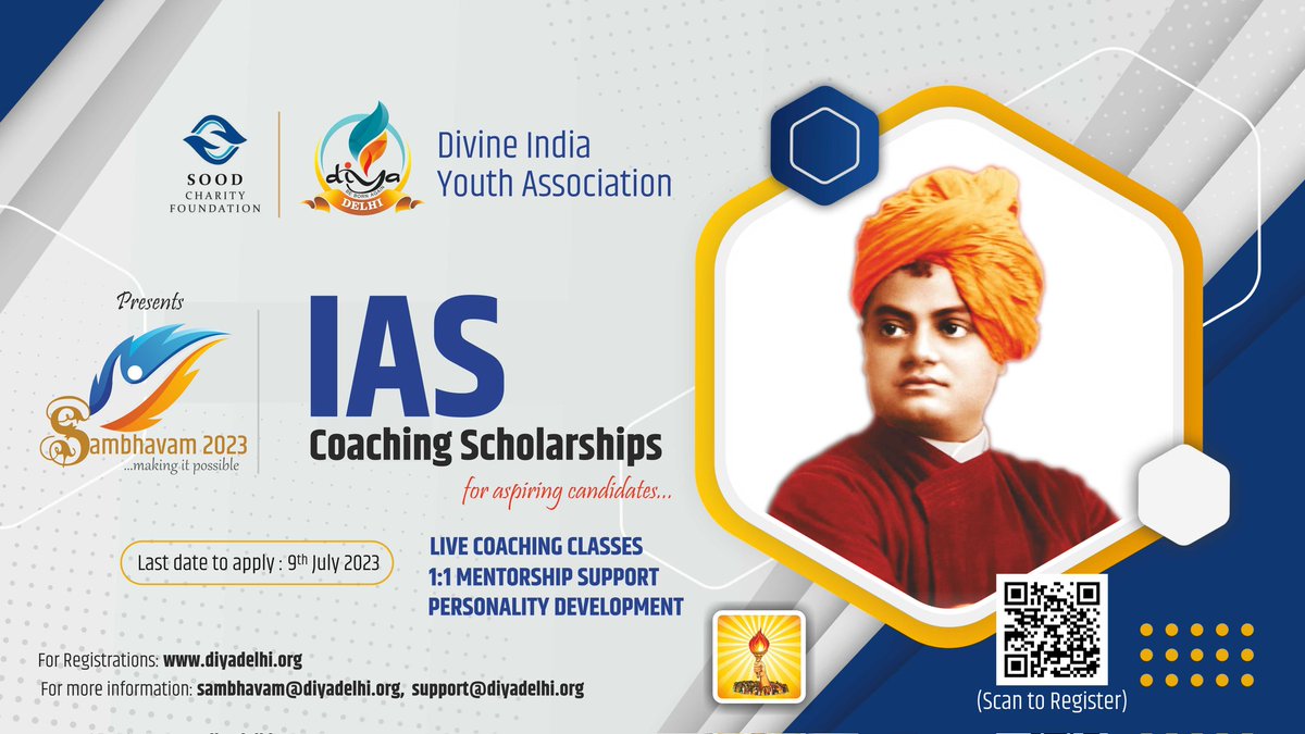 diyanewdelhi's tweet photo. IAS बनने का है इरादा? 
संभावम पूरी करेंगा आपकी हर आशा! 🤗

Thrilled to announce Sambhavam 2023 IAS Scholarships!

Registrations open.👇
https://t.co/pr9bO6xt5J

@awgpofficial
@dsvvofficial
@drchinmayp
@ppandya2011
@SoodFoundation
@SonuSood
@Sambhavam_IAS https://t.co/kvQFlLH2Ic
