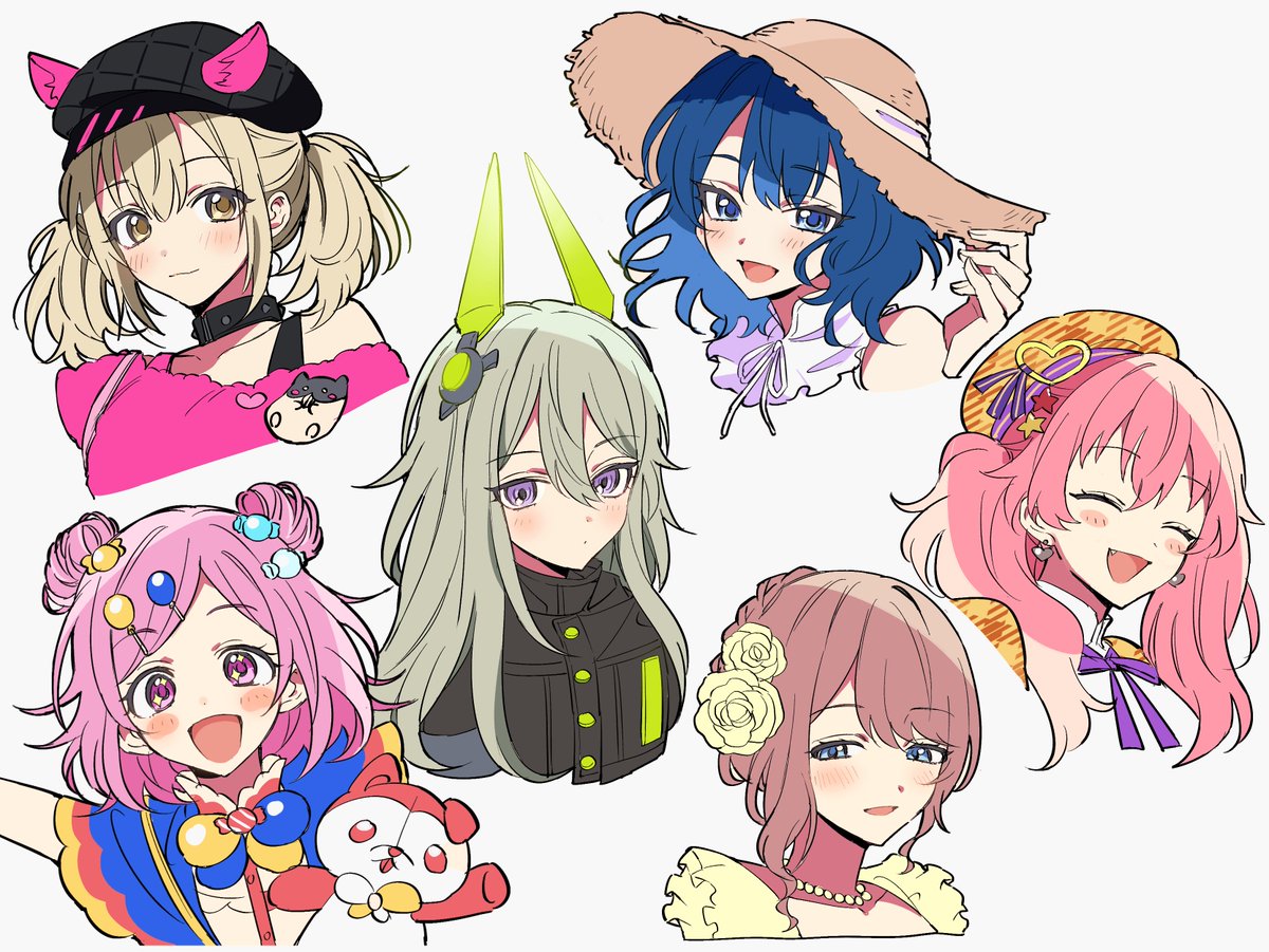 hat multiple girls pink hair hair ornament twintails smile 6+girls  illustration images