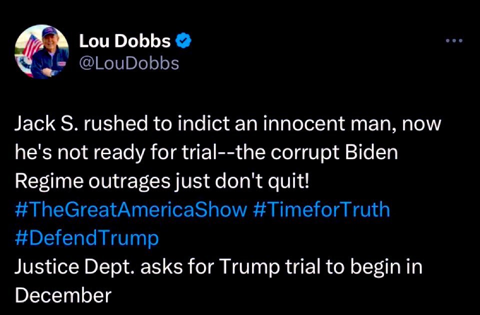 If @LouDobbs could read, he’d know Jack Smith is ready for trial. It’s trumps lawyers who don’t have clearance to look at the documents he stole that need more time. Lou, I recommend the Jack podcast so you can keep up with the news without having to read. podcasts.apple.com/us/podcast/mue…