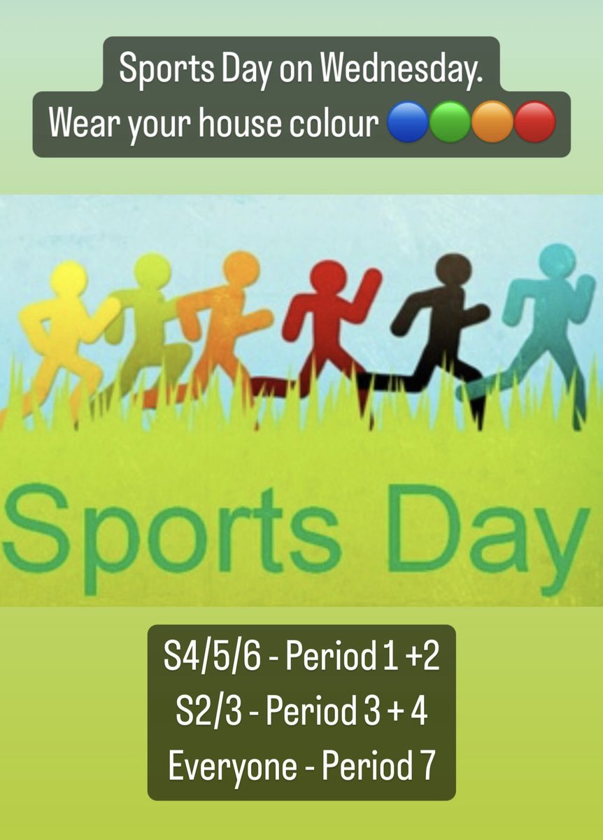 It is our Sports Day on Wednesday. <a href="/KinrossPE/">Kinross High PE</a> have been working hard to organise this for you. More information to be shared by your TSG teacher this week.