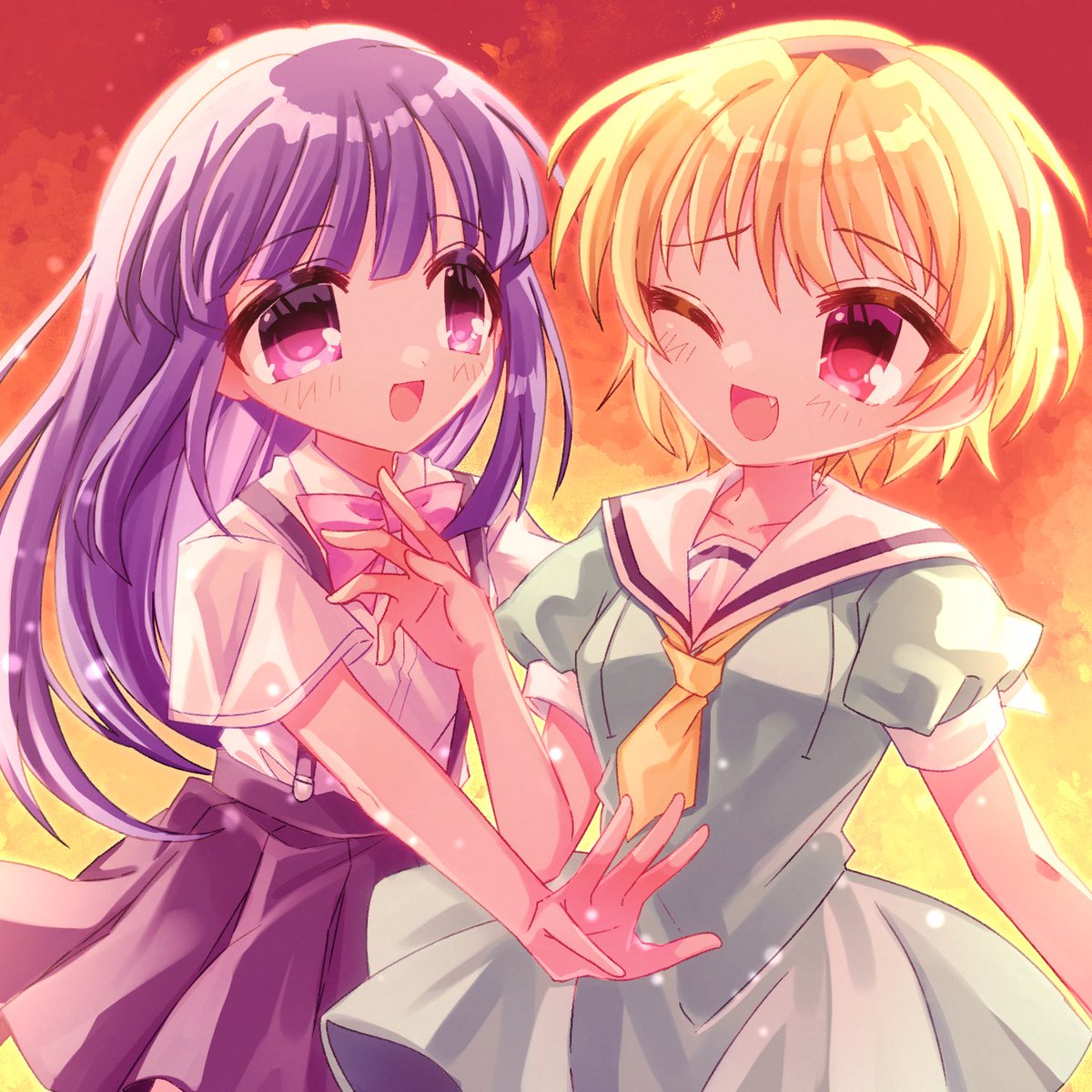 furude rika ,houjou satoko multiple girls suspenders 2girls blonde hair skirt long hair short sleeves  illustration images