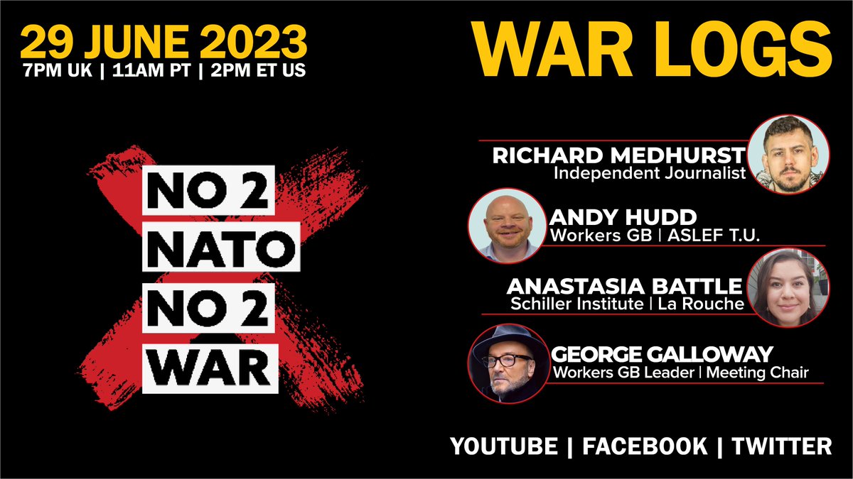 I will be chairing the latest No2Nato broadcast THIS Thursday 29th June at 7pm UK | 11am PT | 2pm ET, discussing the latest developments in Ukraine and beyond.

LIVE via my YouTube | Twitter | Facebook platforms.

#No2Nato #No2War #StopTheWar @No2NATO