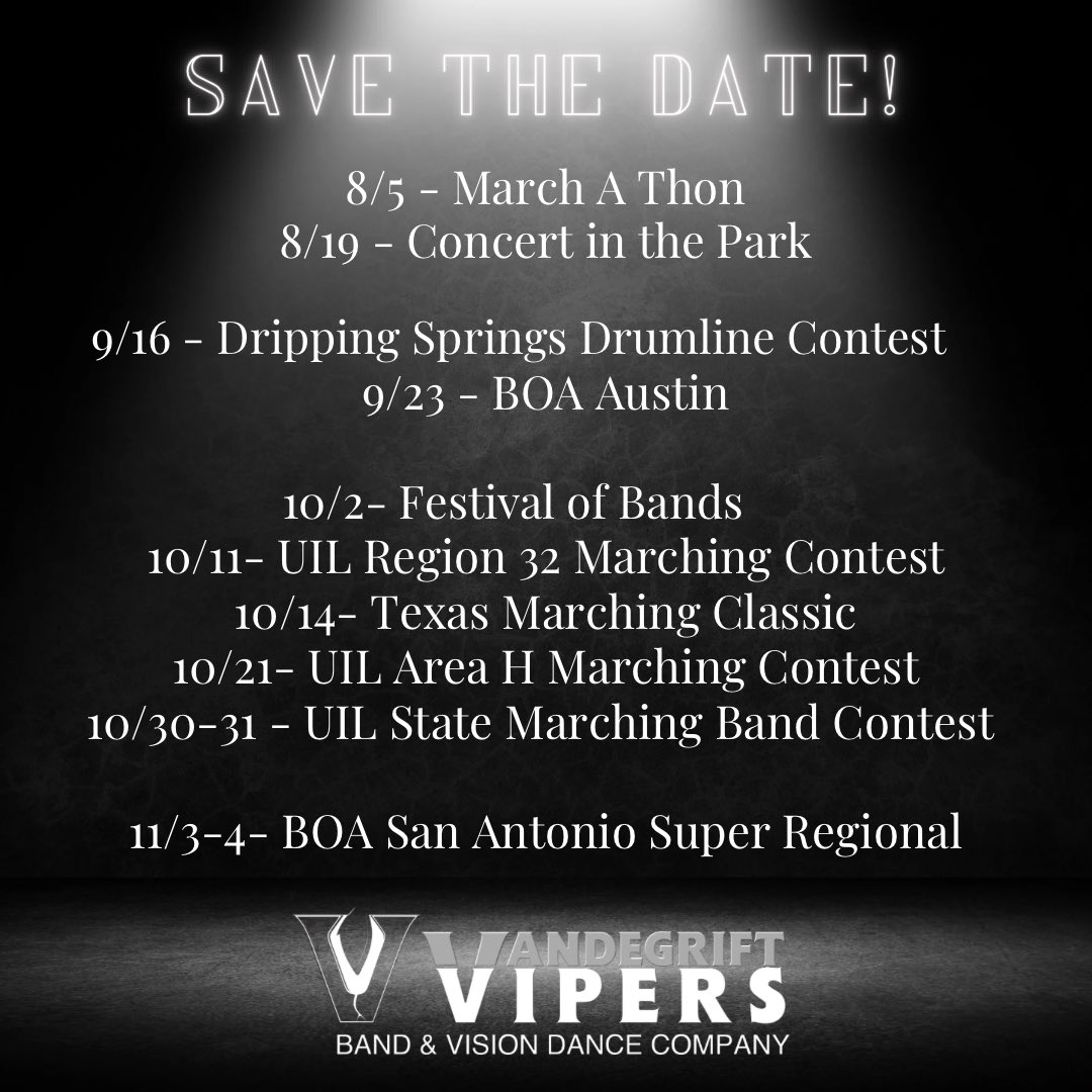 Get your calendar ready for the Fall ‘23 marching band season!!! 
#spotlight 
#govipers