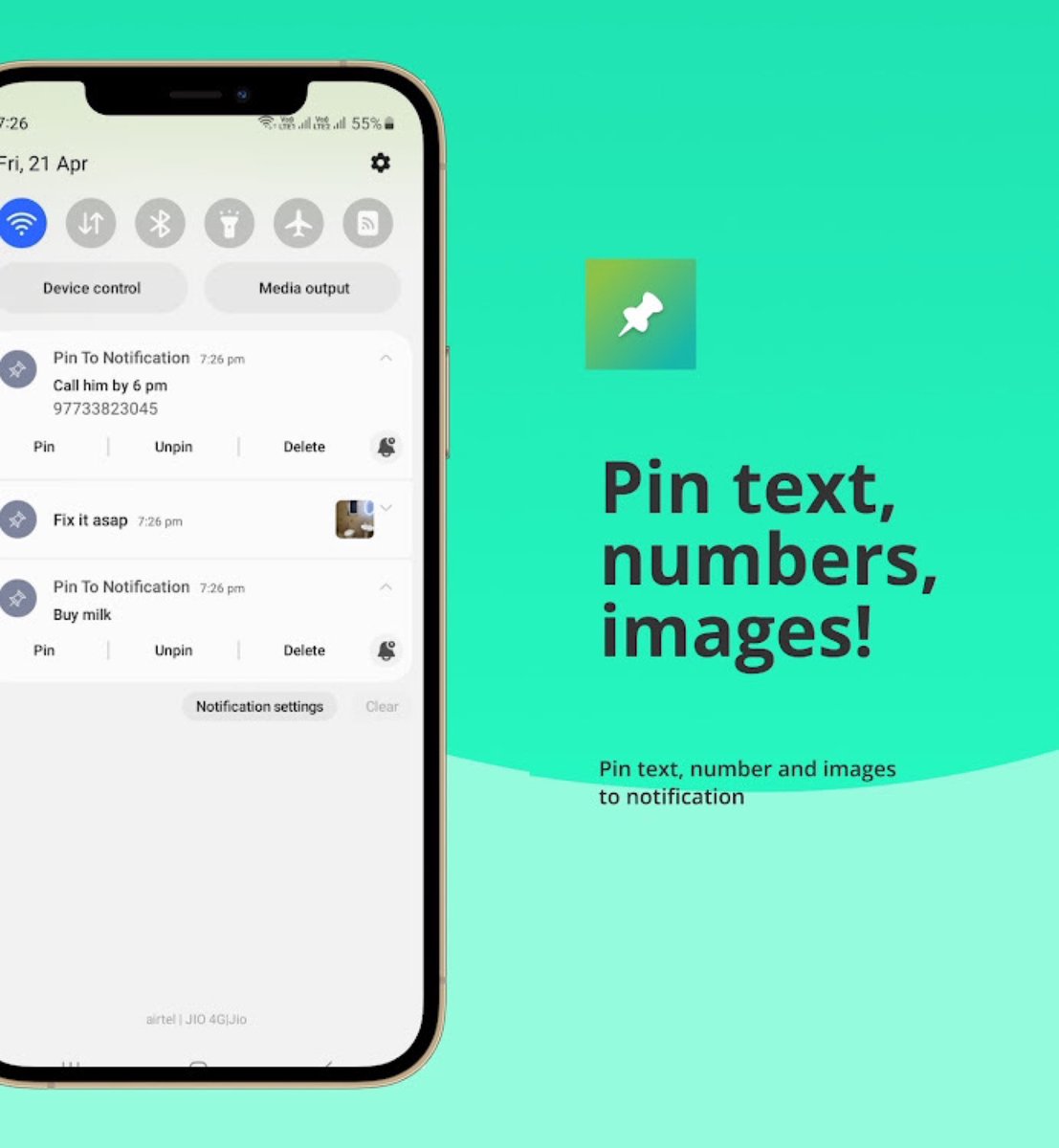 مجاني لفترة 
للاندرويد

Pin to notification app 
هو ملاحظات لاصقة في تطبيق الإشعارات يسمح لك بتثبيت أي نص، وتثبيت أي صور على الإشعار كتذكير بالإشعار

play.google.com/store/apps/det…