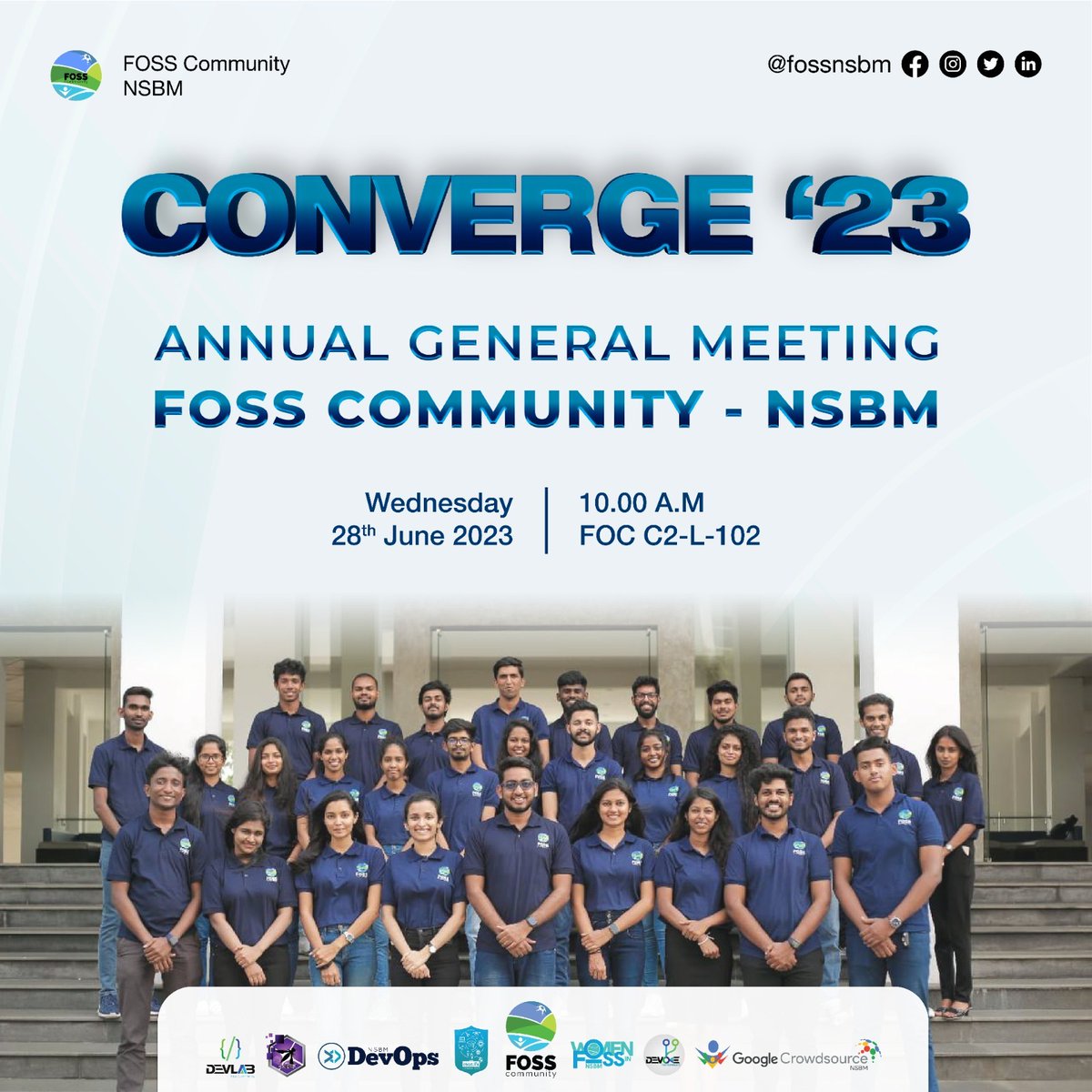 fossnsbm's tweet photo. Step into a new beginning with the “ Converge '23 ” , as we unleash a wave of excitement and unveil our incredible plans.

Stay tuned for the highly anticipated Annual General Meeting of FOSS Community of NSBM.

#FOSSNSBM #WIFNSBM #AGM https://t.co/BsF5gP3M4y