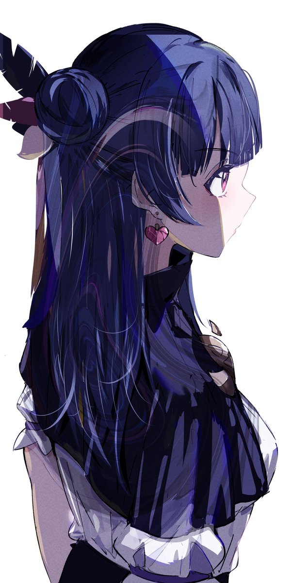 tsushima yoshiko 1girl solo jewelry earrings white background blue hair hair bun  illustration images