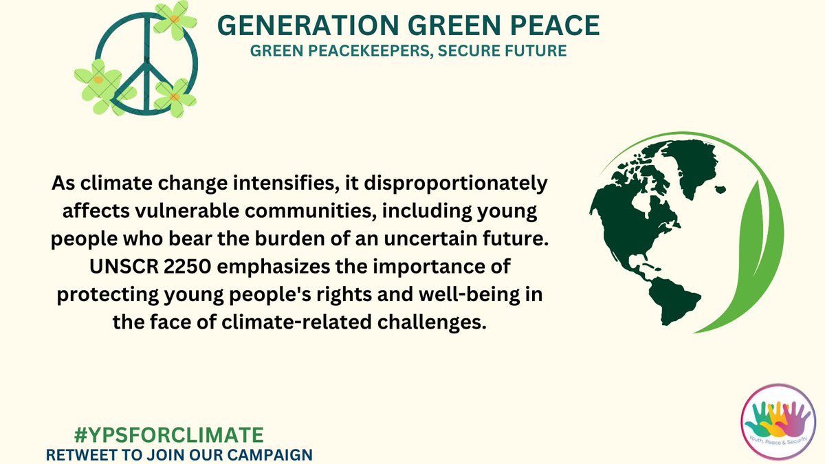 The interplay between #UNSCR2250 and #climatechange highlights the need for a holistic and integrated approach to global challenges. 
@FNFPakistan @theGCF @WWFPak @Cnx_Us @IYCM @unoy_peace @UNPeacebuilding @UNFPAAsiaPac  @UNHCRAsia @GlobPeaceIndex @UNEP @COP28_UAE 
#YPSFORCLIMATE