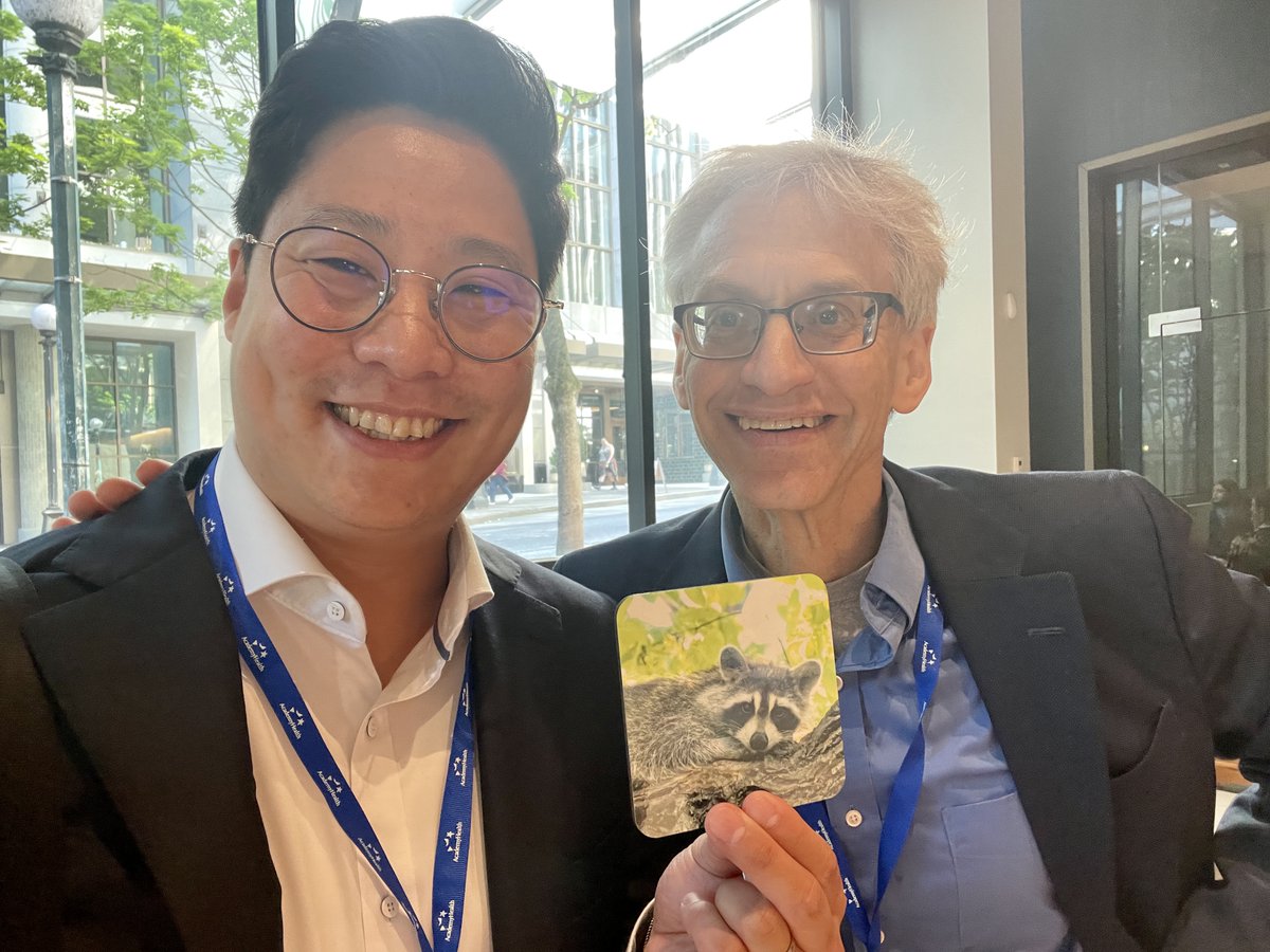 One of many perks of attending #ARM23: The famous selfie with Harold, plus a cute raccoon coaster (made by @haroldpollack). I saw several more coasters in his backpack, so get them before it's gone!