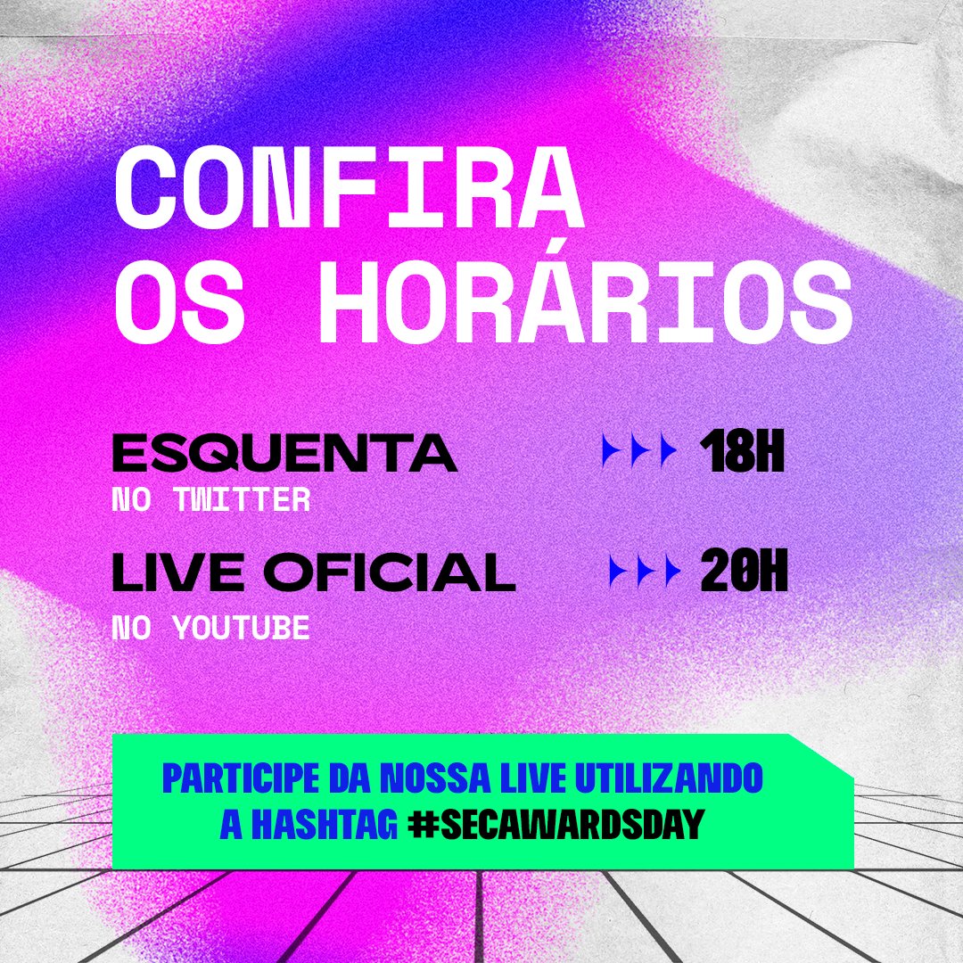 secawards's tweet photo. O #SECAwardsDay chegou! Hoje finalmente conheceremos os vencedores da premiação. 🤩

Confira a programação: 👇

Não perca o nosso 'esquenta' aqui no twitter, a partir das 18:00hs, onde será revelado os vencedores de algumas categorias do SEC Awards 2023.

E por fim, às 20:00hs, a nossa live oficial no YouTube com apresentações musicais, participações especiais e, claro, a revelação de todos os vencedores.

Inscreva-se em nosso canal no YouTube e ative as notificações para ser avisado quando a live começar:
https://t.co/dQYkjCOeBS

A programação refere-se ao horário padrão de Brasília.