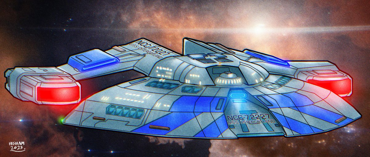 Federation starship USS Östergötland NCC-72227, a Norway-class. Our #StarTrekAdventures group's starship, a prototype test-bed for an experimental  submersible caterpillar drive (mounted on nacelle pylons), structurally  rigged for underwater travel as well as space.